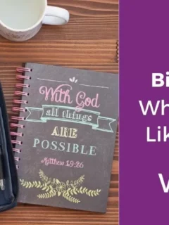 Bible Quotes When You Feel Like Giving Up - Open Bible with two pens on it and a notebook with bible quote cover