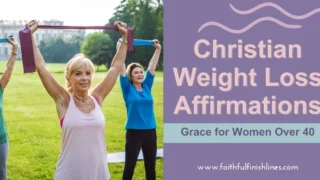 A group of women exercising with a band with a text overlay that reads as Christian Weight Loss Affirmations Grace for Women over 40.