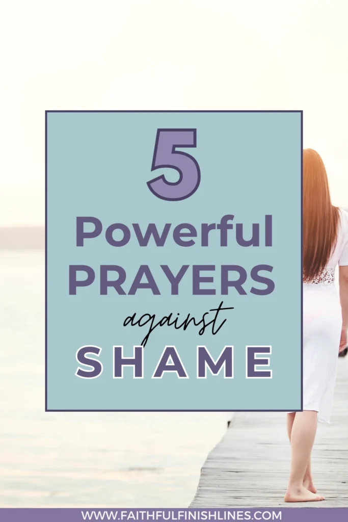 A woman walking down a dock with a text overlay that reads as 5 Powerful Prayers Against Shame