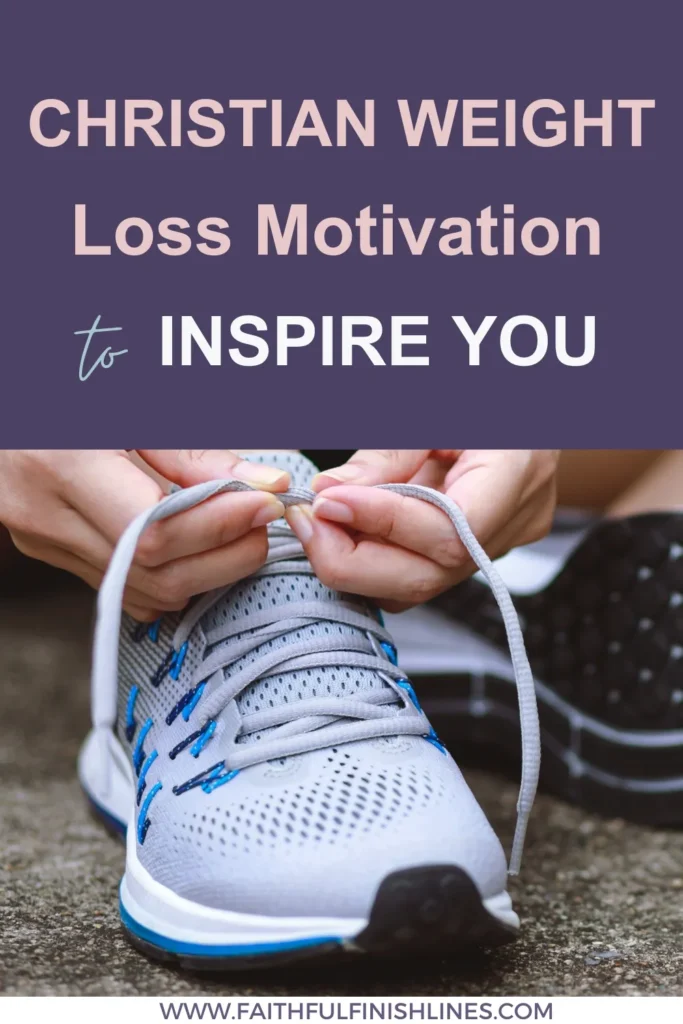 A hand tying a running shoe lace with a text overlay that reads as Christian Weight Loss Motivation to Inspire You.