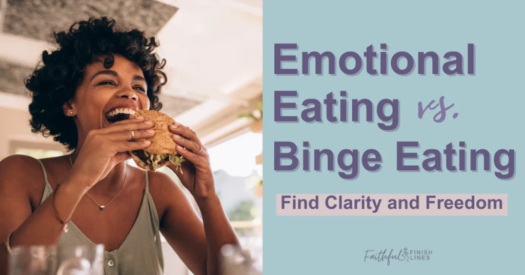 A woman eating a burger with a text overlay that reads as Emotional Eating Vs. Binge eating Find Clarity and Freedom.