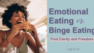 A woman eating a burger with a text overlay that reads as Emotional Eating Vs. Binge eating Find Clarity and Freedom.