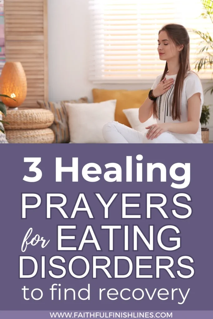 A woman sitting cross legged in a room with a window and text overlay that reads as 3 Healing Prayers For Eating Disorders To Find Recovery.