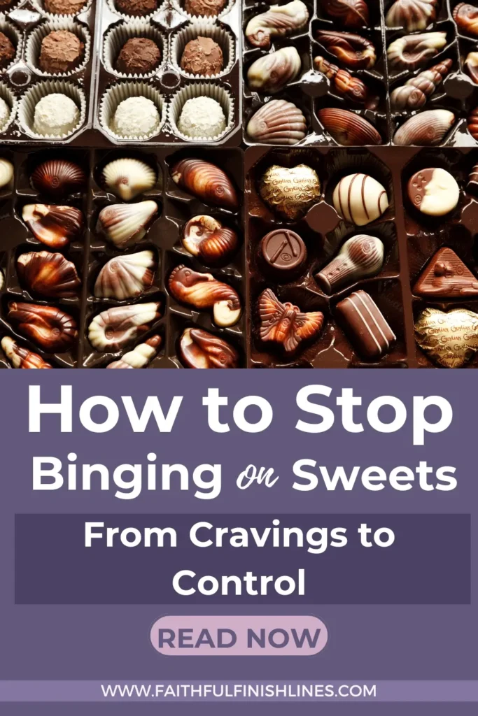 a box of chocolates with text overlay that reads as How to Stop Binging on Sweets— From Cravings to Control.