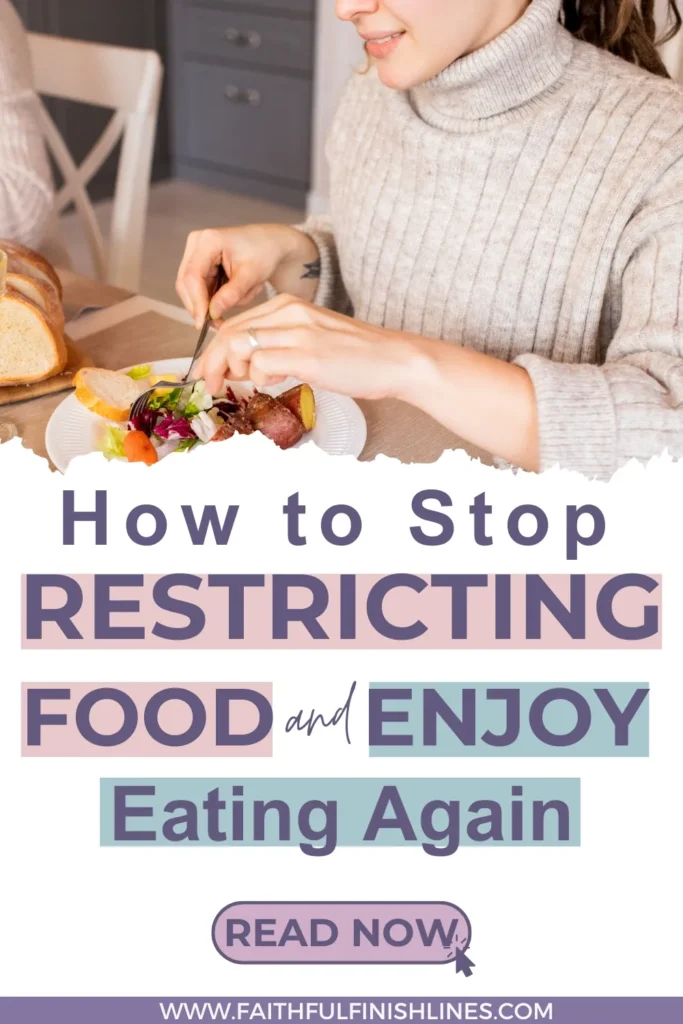 A woman eating food with text overlay How to Stop Restricting Food and Enjoy Eating Again.