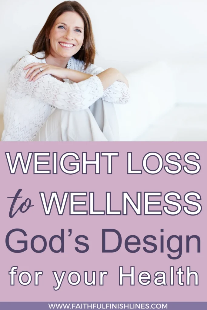 A happy woman sitting on a couch with a text overlay that reads as Weight Loss To Wellness — God's Design For Your Health.
