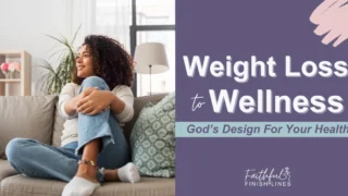 A happy woman sitting on a couch with a text overlay that reads as Weight Loss To Wellness — God's Design For Your Health.