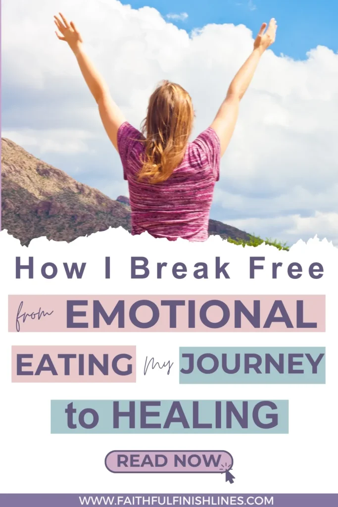 Becky raising her arms at the top of the mountain with aa text overlay that reads as How I Break Free From Emotional Eating—My Journey To Healing.