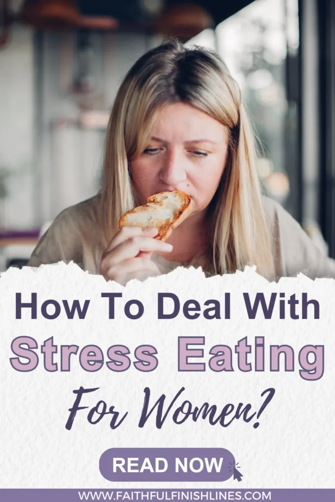 A woman eating bread with a text overlay that reads as How to Deal with Stress Eating For Women.