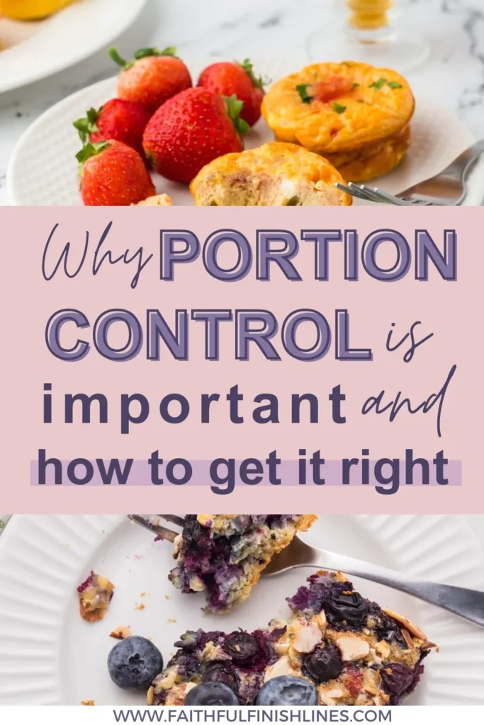 A plate of dessert with a fork and spoon and a text overlay that reads as Why Portion Control Is Important & How To Get It Right.