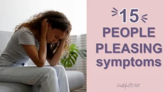 A woman sitting on a couch with her hands in her ears and a text overlay that reads as 15 People Pleasing Symptoms.