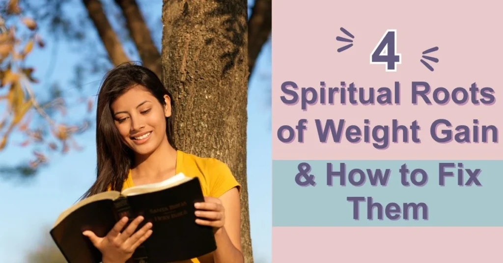 A woman reading a Bible with atext overlay that reads as 4 Spiritual Roots of Weight Gain and How to Fix Them.