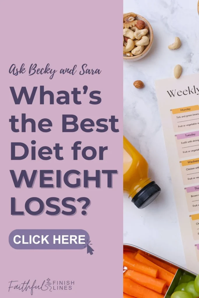 A book cover with a bottle of juice and nuts witha text overlay that reads as Ask Becky and Sara—What’s the Best Diet for Weight Loss.