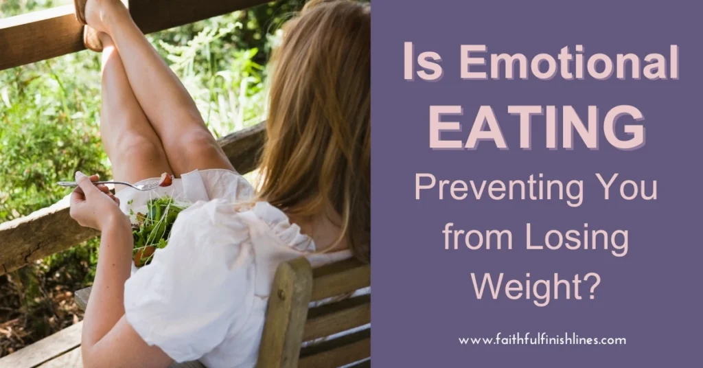 A woman sitting on a bench eating a bowl of vegetable salad with a text overlay that reads as Is Emotional Eating Preventing You from Losing Weight?