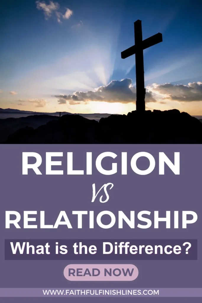 A cross on a hill with the sun shining through the clouds with atext overlay that reads as Religion vs Relationship With God — What Is The Difference?