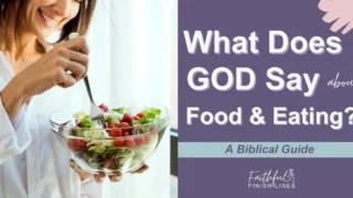 A woman eating a bowl of Salad with a text overlay that reads as What Does God Say About Food And Eating A Biblical Guide.
