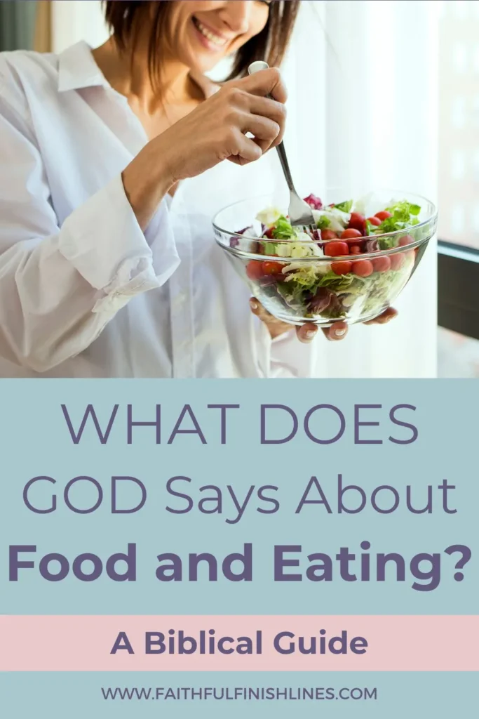 A woman eating a bowl of Salad with a text overlay that reads as What Does God Say About Food And Eating A Biblical Guide.
