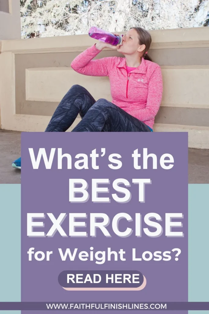 Becky sitting againts the wall holding and drinking in her water bottle with atext overlay that reads as What’s the Best Exercise for Weight Loss?
