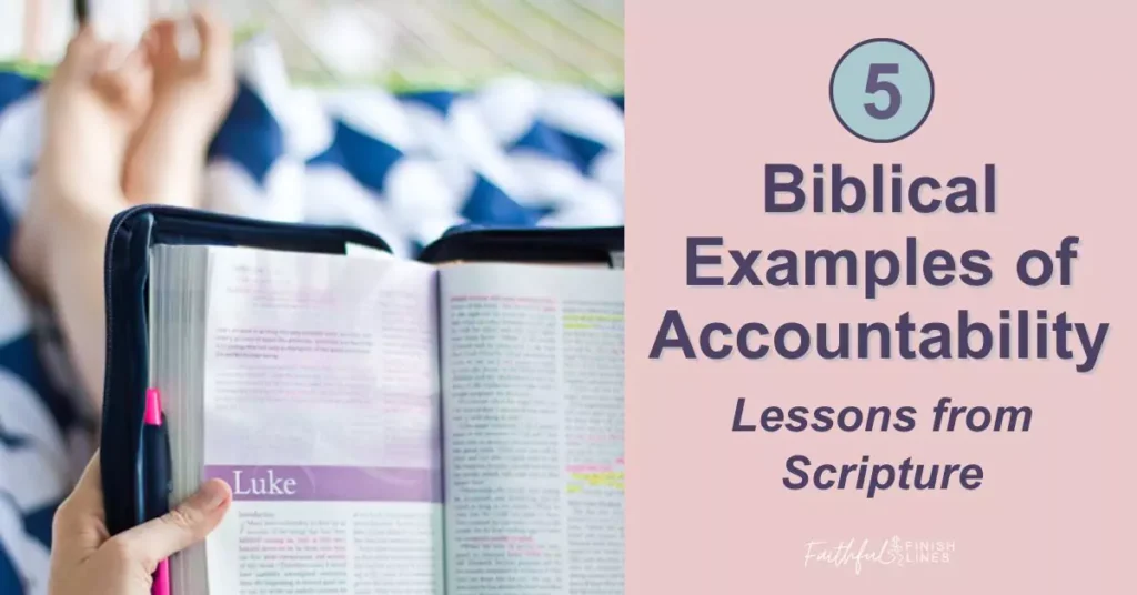 a person reading a book with a pink background and text in it that reads as 5 Biblical Examples of Accountability—Lessons from Scripture.